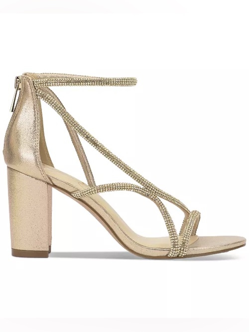 Jessica Simpson Metallic Gold Rhinestone Block Heel Sandals - Picture 2 of 11